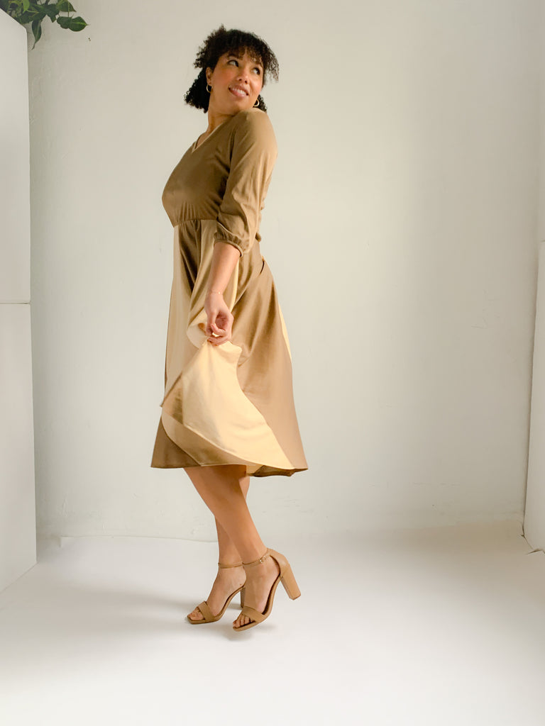 Good Times Taupe and Beige 70s Swing Dress