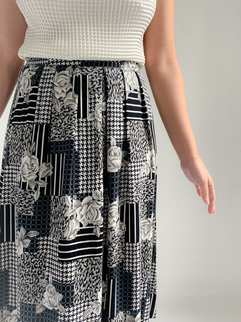 Panther BW Mixed Print Rayon Midi Skirt